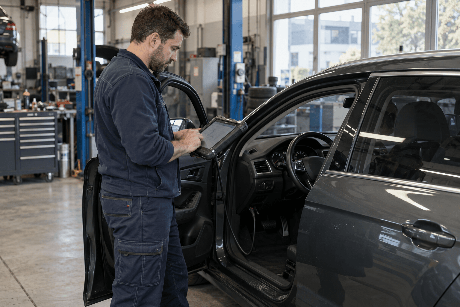 Mechaniker mit Diagnosegerät an der geöffneten Fahrertür
